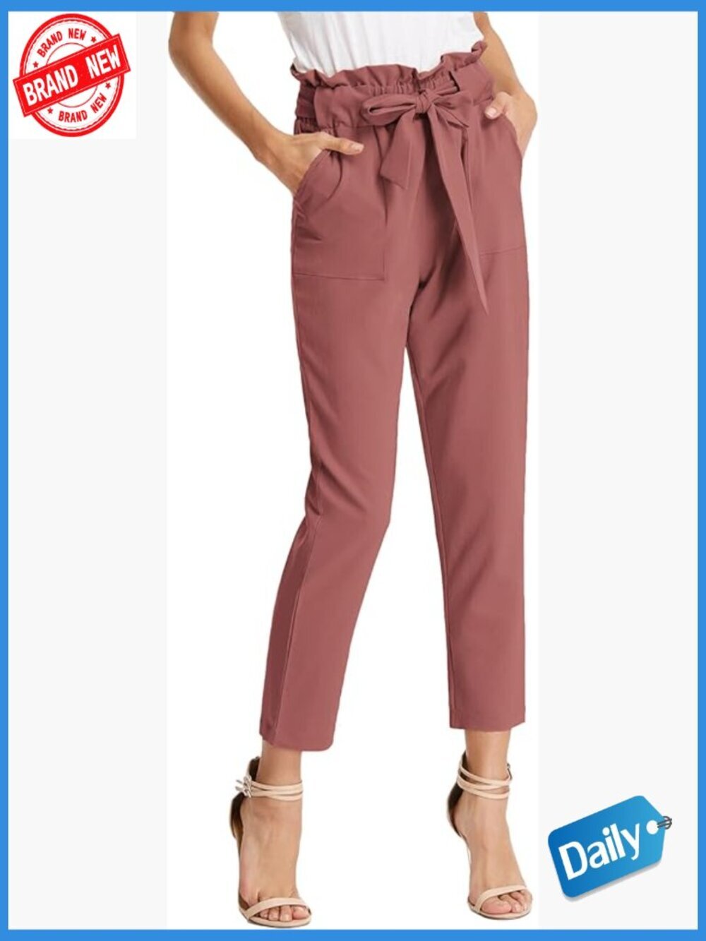 High Waisted Paper Bag Work Pants Cropped with Pockets